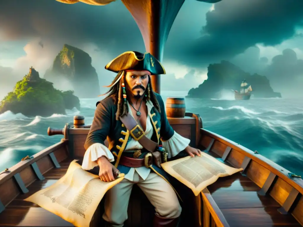 Emocionante escena de piratas en un barco antiguo navegando entre niebla en busca del tesoro en Sea of Thieves