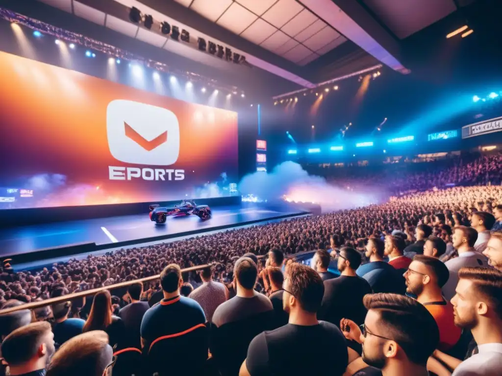 Un emocionante escenario de esports, con fans concentrados y entusiastas, reflejando la transformación del concepto de aficionado