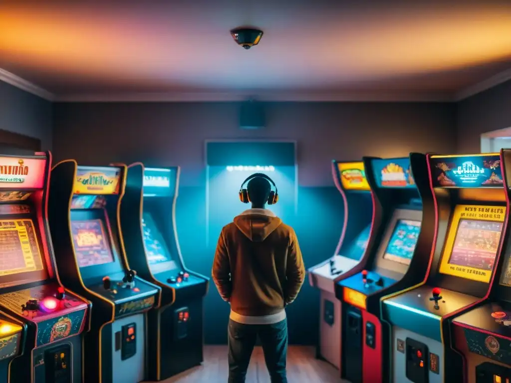 Un emocionante escenario de plataformas juegos retro digitalizados aficionados disfrutando de una sala de arcade vintage iluminada