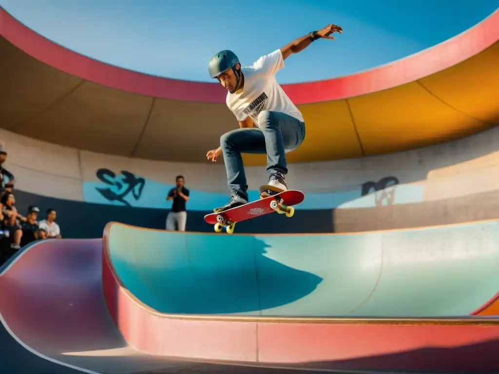 Un emocionante espectáculo de skate en un parque urbano con grafitis coloridos y espectadores animados