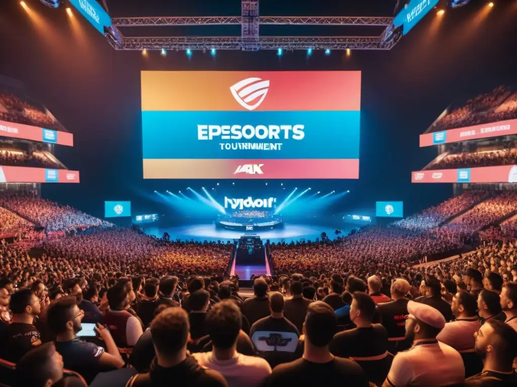 Una emocionante evolución de los eSports en cultura: estadio lleno de fans variados y jugadores concentrados en torneo global