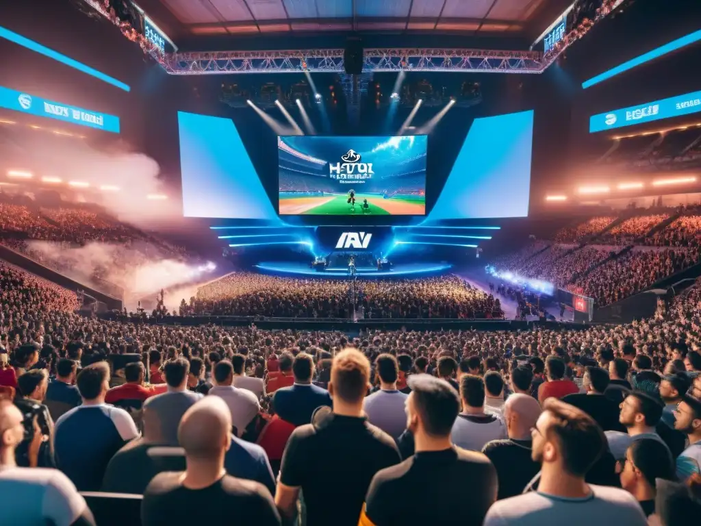 Un emocionante estadio lleno de fans viendo intensas partidas de eSports