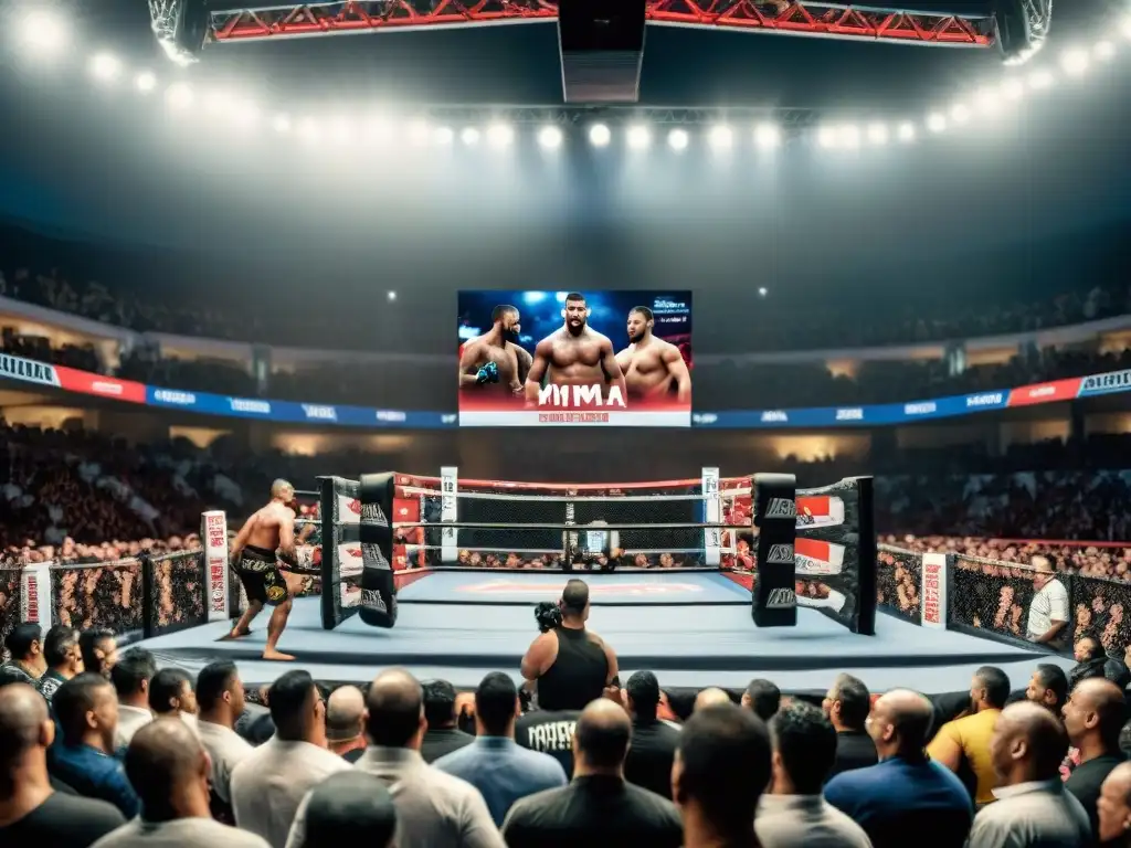 Emocionante evento de Artes Marciales Mixtas en América Latina, con la arena llena y una atmósfera vibrante de combate y pasión de los fans