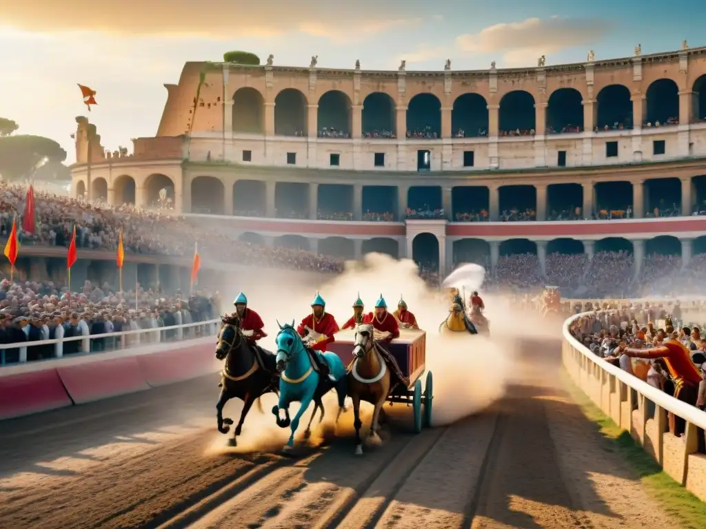 Emocionante evento de carreras de cuadrigas en Roma, con coloridos carros y entusiastas espectadores en el Circo Máximo