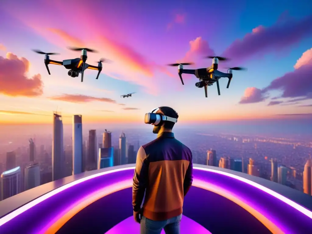 Un emocionante evento de nuevos deportes aéreos con drones en un escenario futurista al atardecer