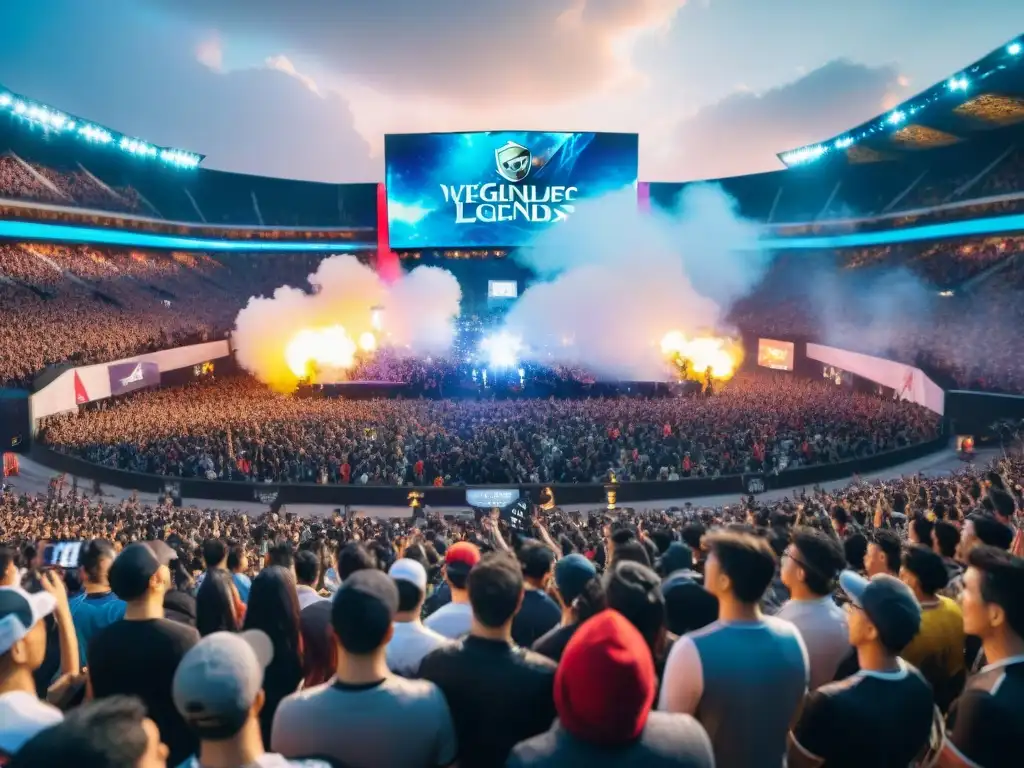 Emocionante final del Campeonato Mundial de League of Legends con fanáticos de todo el mundo apoyando a sus equipos con banderas y mensajes LED