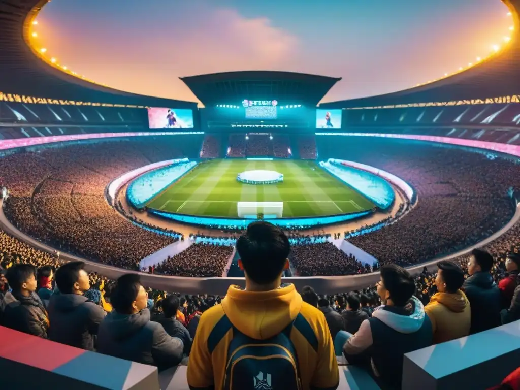 Emocionante final del Historia League of Legends World Championship en el estadio de Pekín, fans, jugadores y pantallas vibrantes