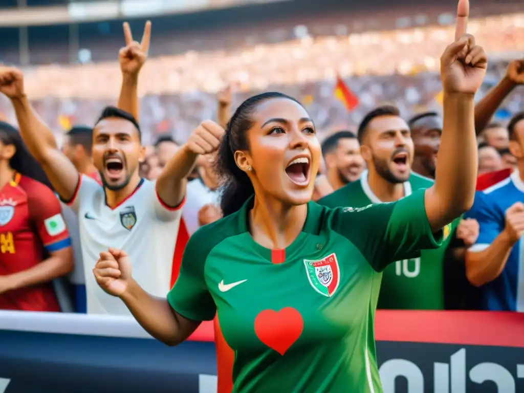 Emocionante evolución del fútbol en culturas diversas, fans de todo el mundo celebrando juntos en un estadio lleno durante un partido apasionante