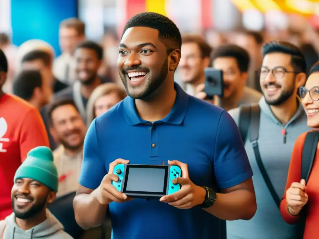 Un emocionante grupo de gamers disfrutando de la Nintendo Switch en una convención, cumpliendo expectativas