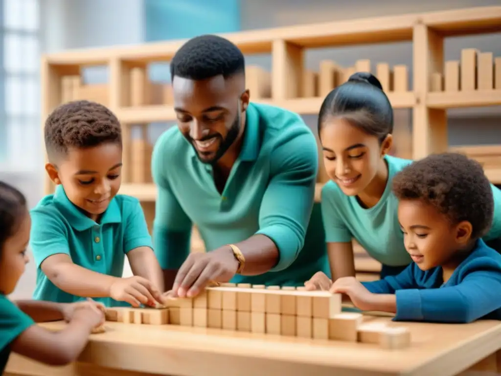 Un emocionante grupo de niños construyendo una civilización antigua con bloques de madera, mostrando aprendizaje y diversidad