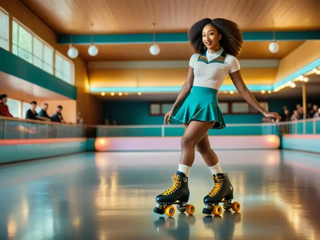 Una emocionante imagen documental en alta resolución de un diverso grupo de patinadores deslizándose con gracia en una pista de patinaje histórica, mostrando la evolución del patinaje sobre ruedas a lo largo de las décadas