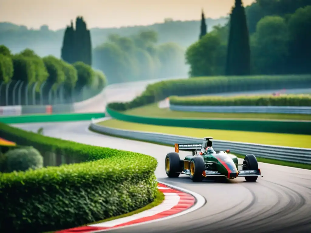 Emocionante imagen del legendario Circuito de Monza en Italia, con curvas peraltadas, gradas llenas y un auto de Fórmula 1 vintage