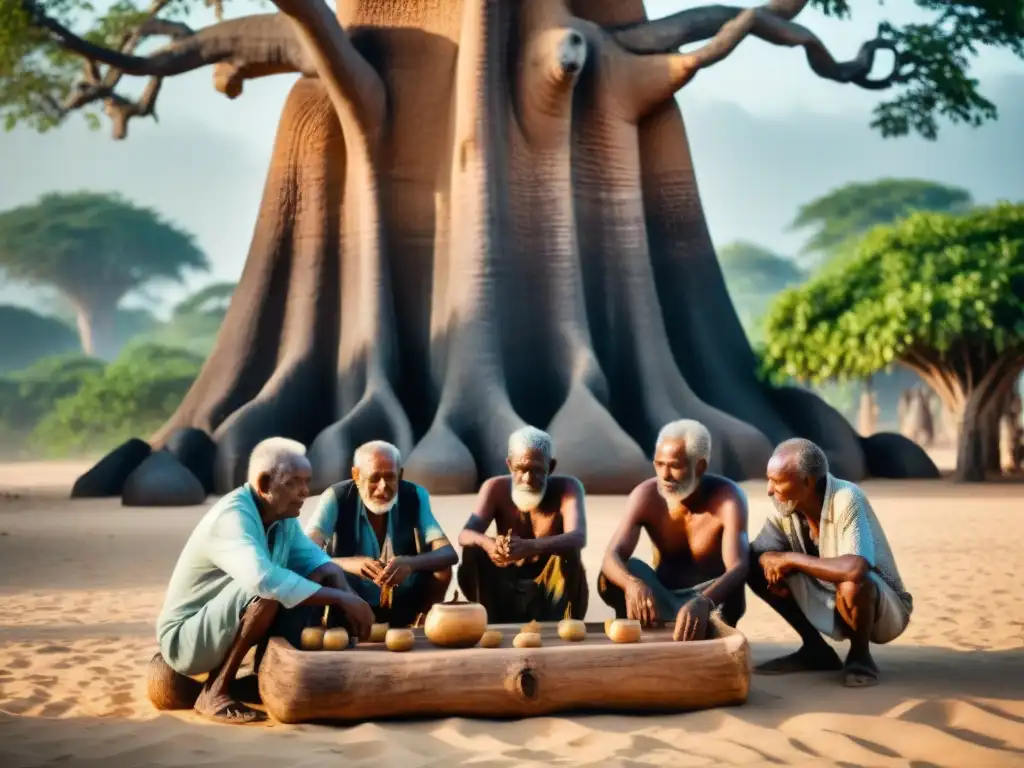 Un emocionante juego de Bao entre ancianos bajo un Baobab en Zanzíbar