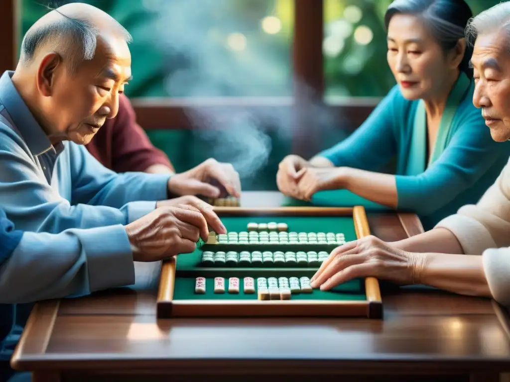 Un emocionante juego de Mahjong entre ancianos, reflejando la camaradería y concentración