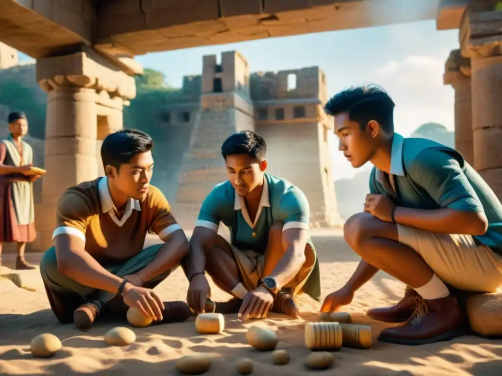 Juego ancestral: aprendizaje y emoción en ruinas históricas Un emocionante juego antiguo en la motivación: estudiantes inmersos en la historia, entre ruinas y artefactos, conectando pasado y presente