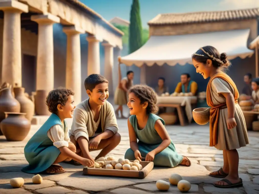 Un emocionante juego de astrágalos en un mercado griego antiguo, muestra pasatiempos históricos estrategias pedagógicas