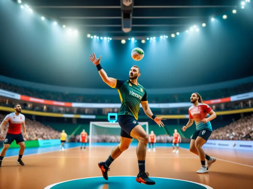 Emocionante juego de balonmano en un moderno pabellón deportivo, mostrando la historia del balonmano en culturas