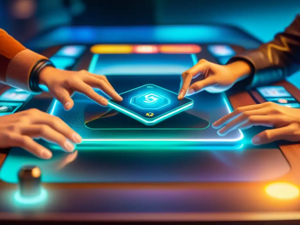 Un emocionante juego de cartas digital con IA, mostrando avatares y cartas holográficas en una mesa futurista