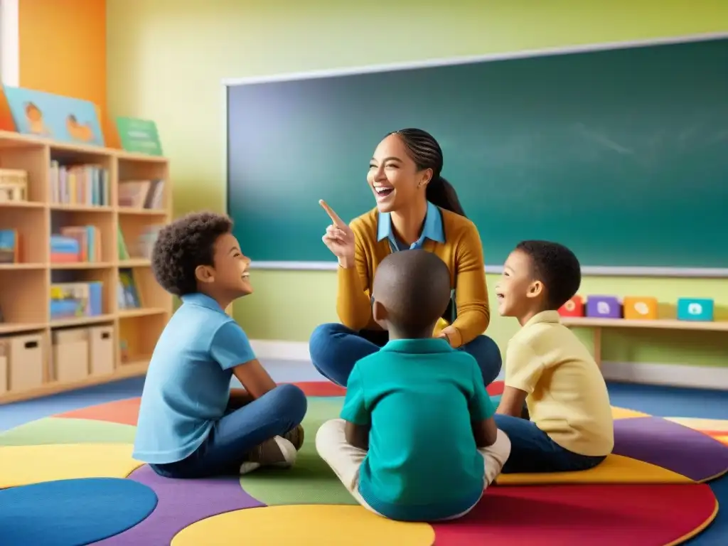 Un emocionante juego educativo en un aula colorida, donde niños interactúan con entusiasmo