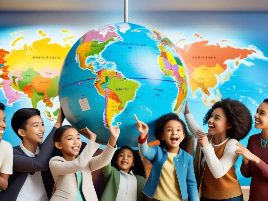 Un emocionante juego educativo que une a niños de diversas culturas señalando países en un globo terráqueo