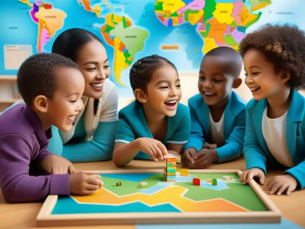 Un emocionante juego educativo donde niños de diversas culturas juegan juntos, rodeados de herramientas educativas y mapas coloridos