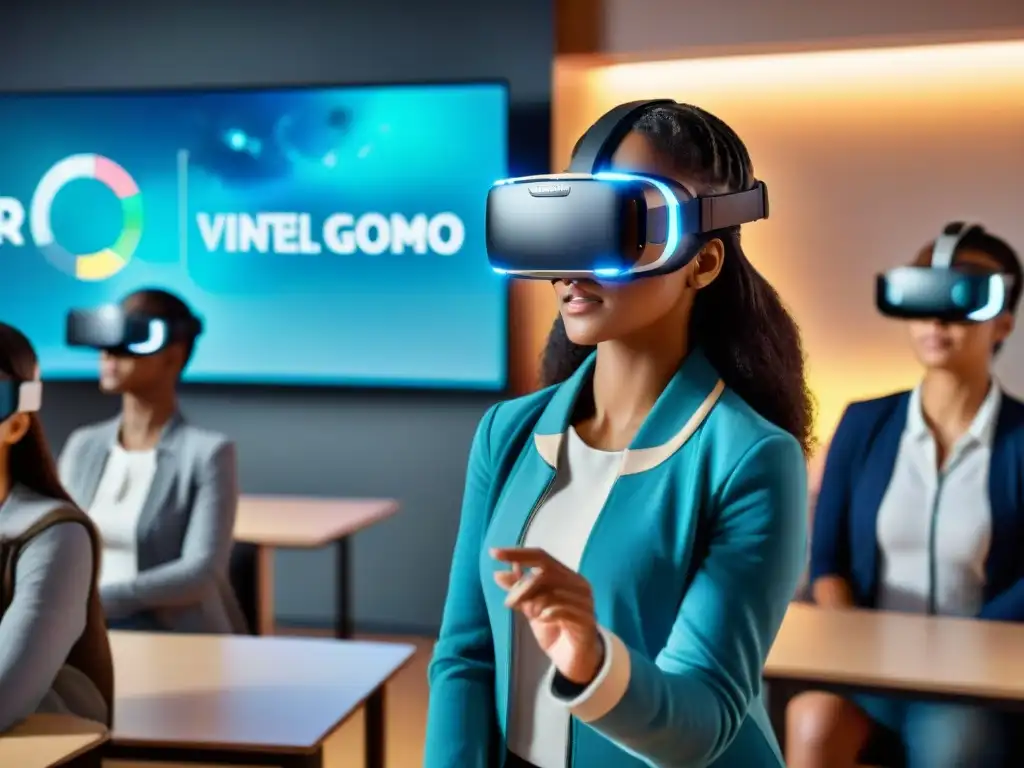 Un emocionante juego educativo en realidad virtual con estudiantes colaborando en un aula moderna