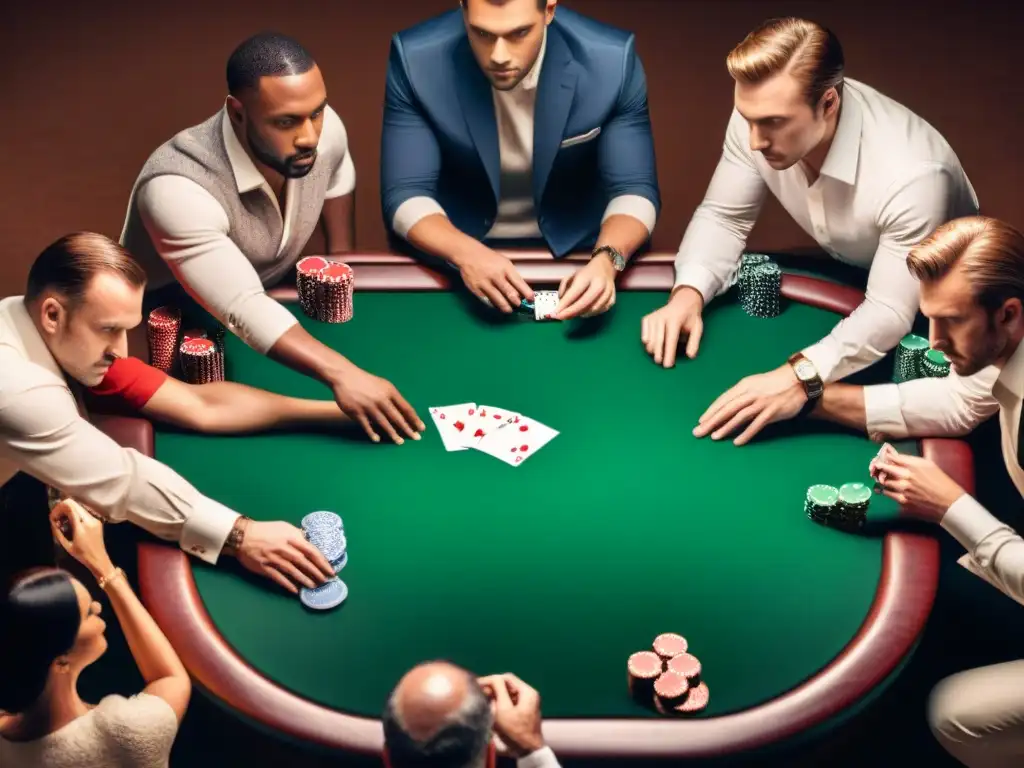 Un emocionante juego de poker en un elegante casino, con jugadores concentrados y emocionados