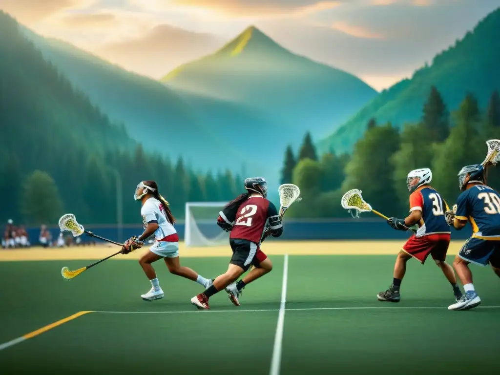 Un emocionante juego de lacrosse indígena con equipamiento tradicional y paisaje de fondo