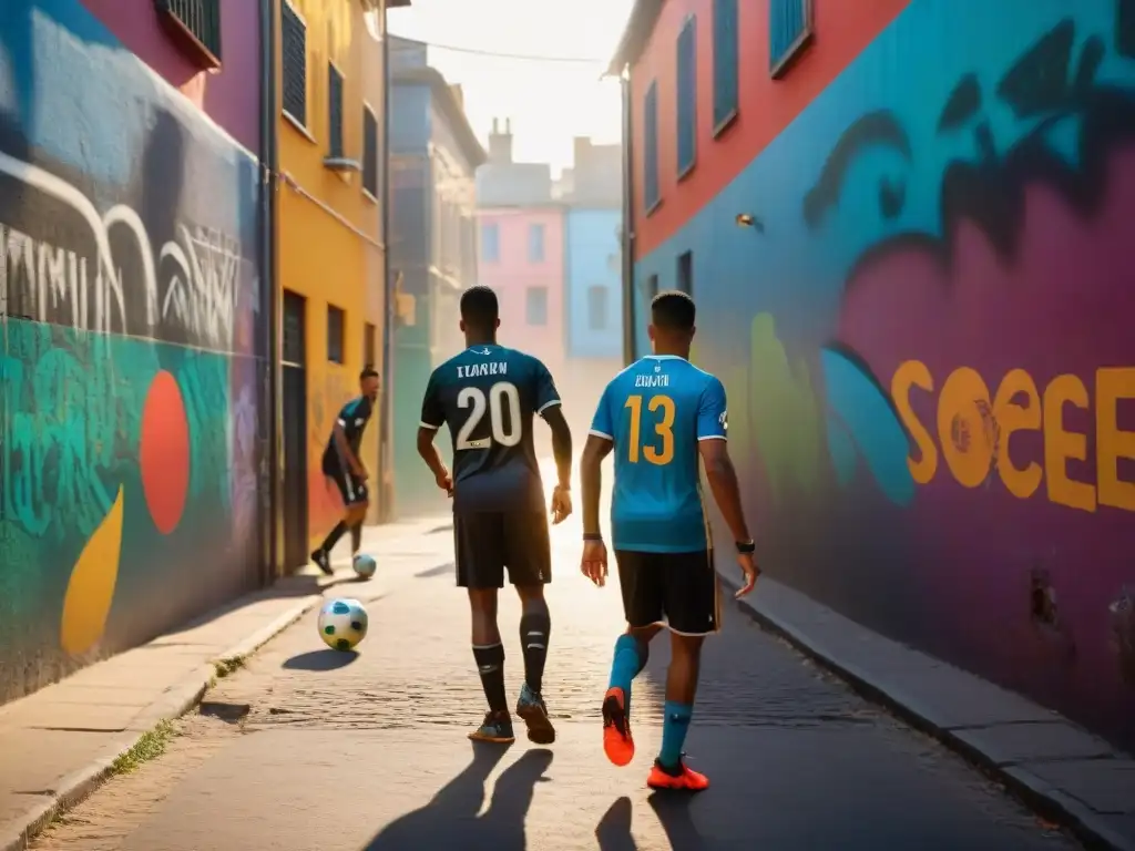 Un emocionante juego de fútbol callejero en un callejón colorido al atardecer