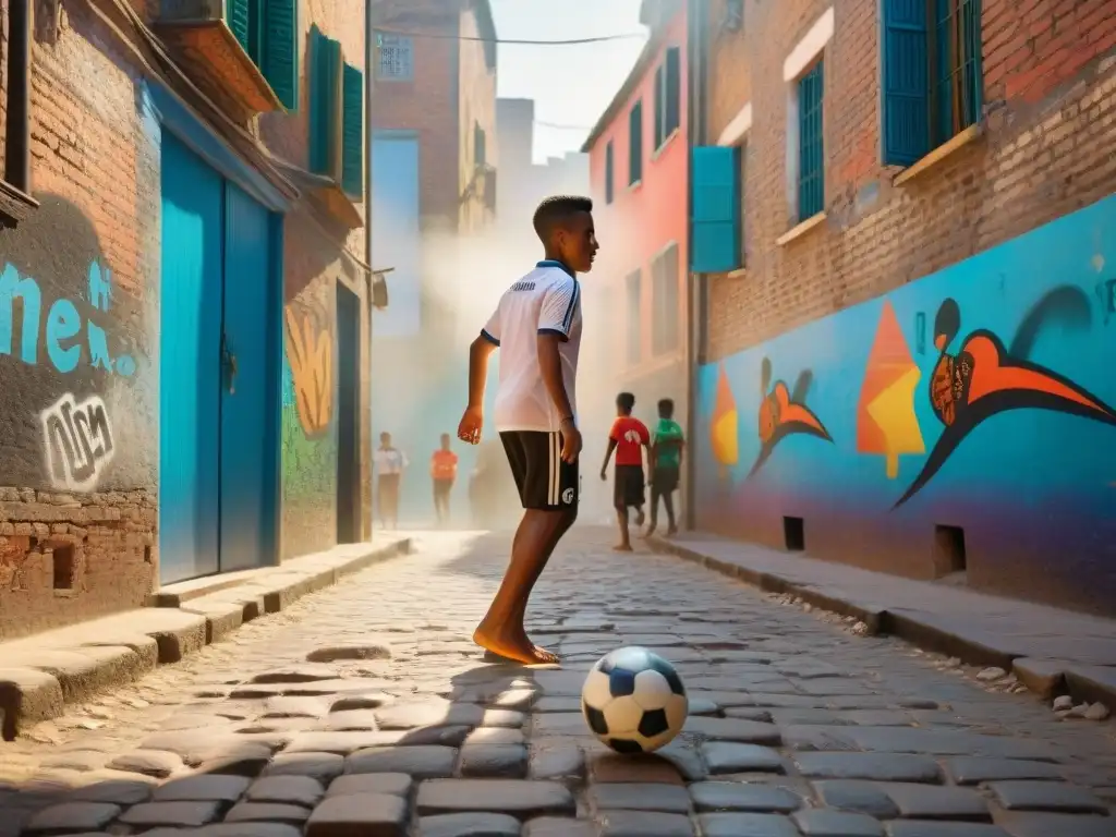 Un emocionante juego de fútbol callejero entre niños en una calle vibrante y soleada