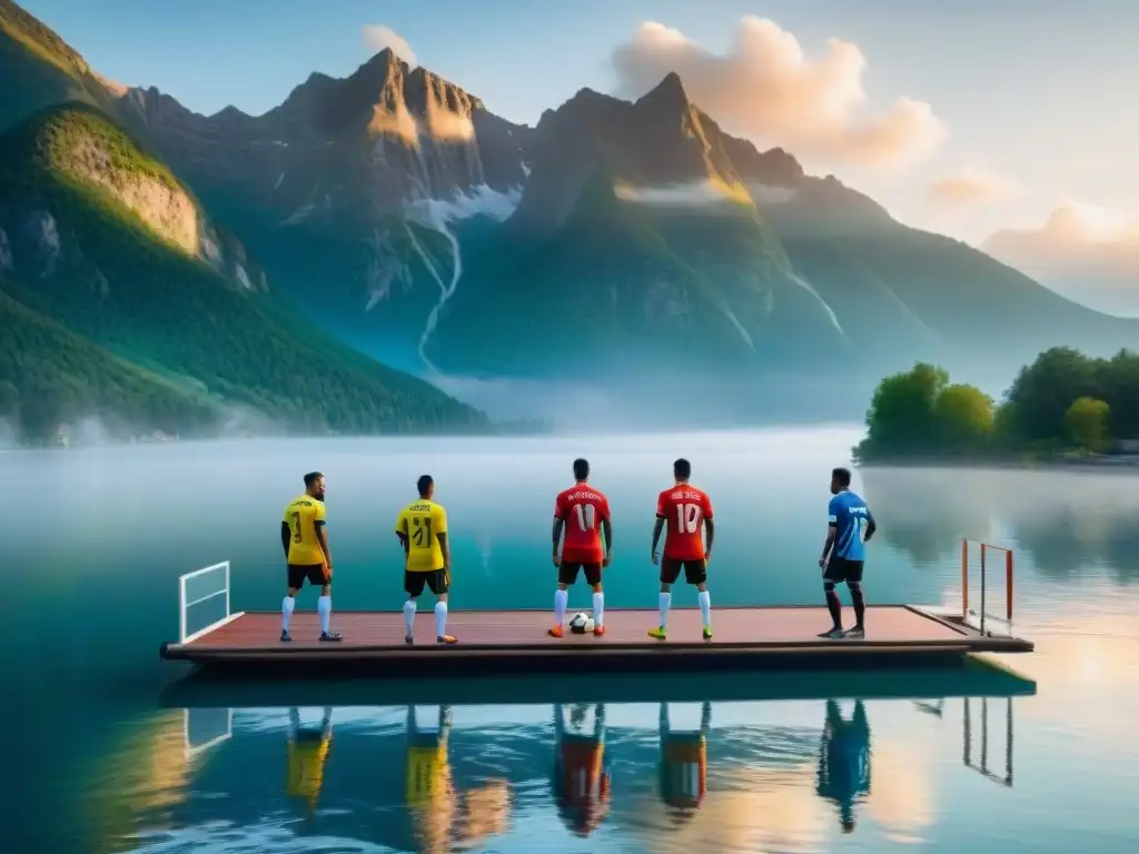 Emocionante juego de fútbol en plataformas flotantes al atardecer en lago sereno