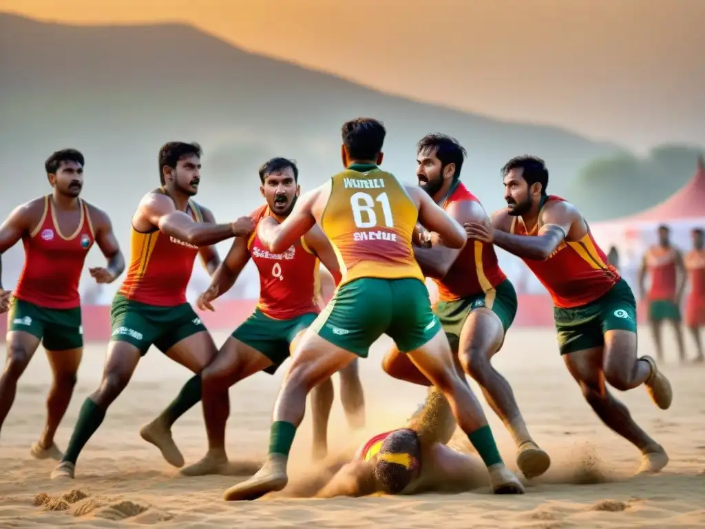 Emocionante juego de Kabaddi en la India rural: jugadores concentrados en un campo polvoriento, reflejo de deportes autóctonos en diferentes culturas