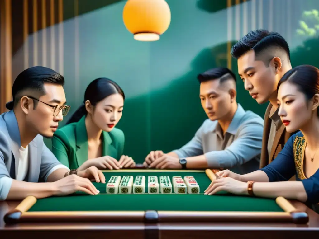 Un emocionante juego de Mahjong con jugadores de diferentes culturas concentrados en estrategias en un entorno tradicional