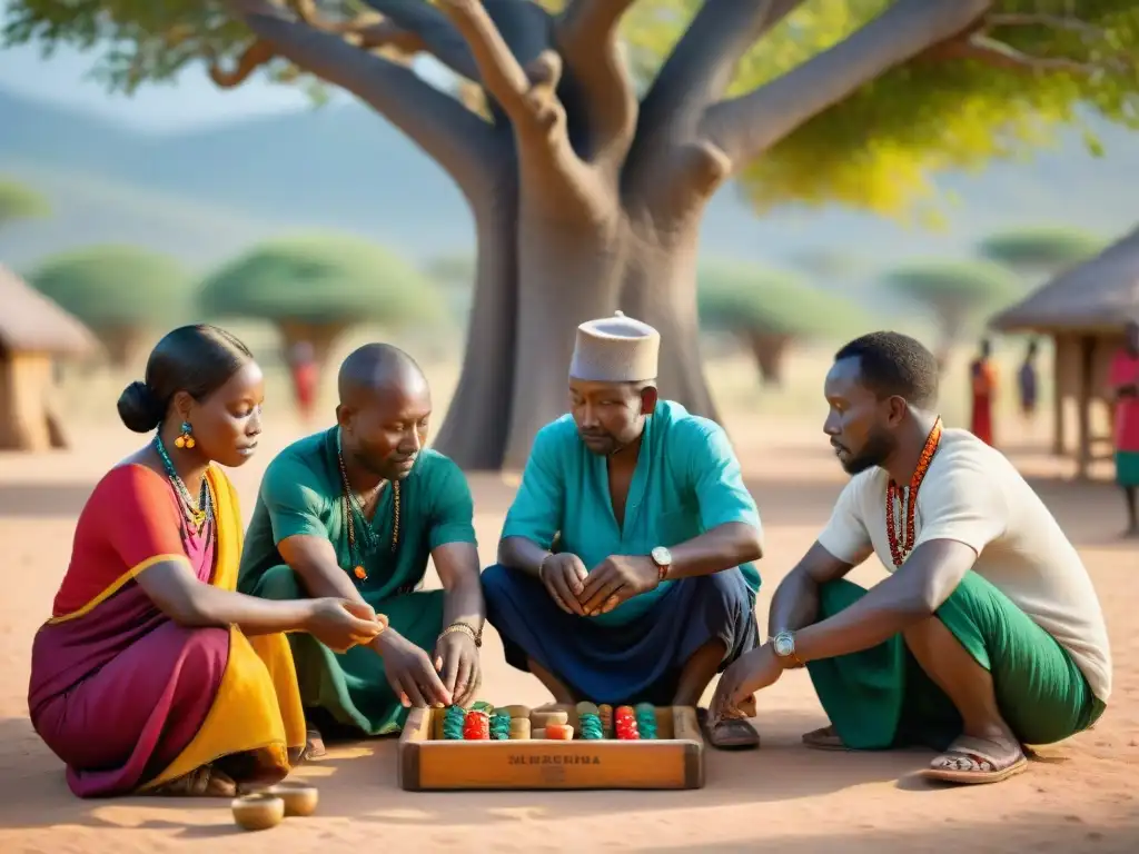 Un emocionante juego de Mancala bajo un Baobab en una aldea africana, resaltando la historia del juego de Mancala