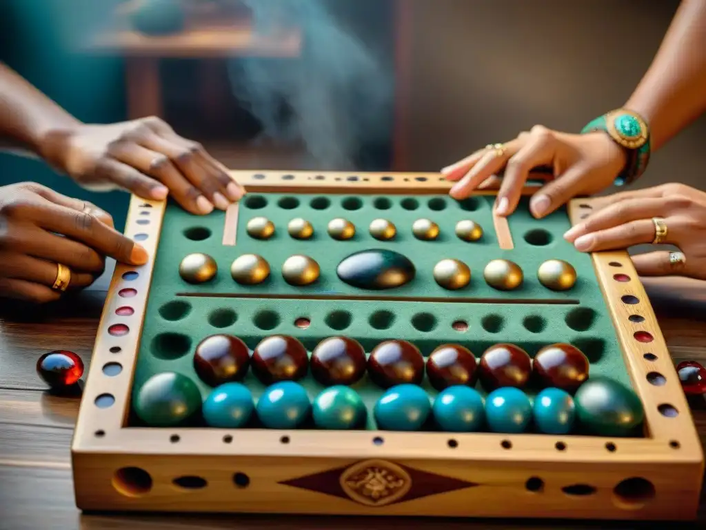 Un emocionante juego de Mancala con jugadores concentrados en sus estratégicas jugadas