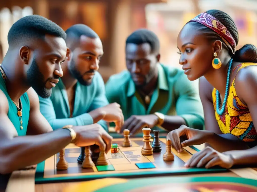 Un emocionante juego de mesa temática africana con jugadores diversos concentrados en un vibrante mercado africano