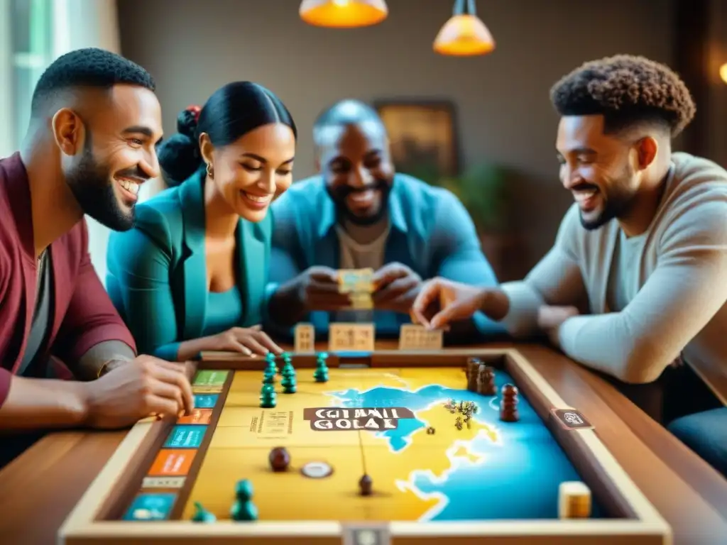 Un emocionante juego de mesa educativo cultural con personas sonrientes reunidas alrededor de una mesa, rodeadas de elementos de diversas culturas