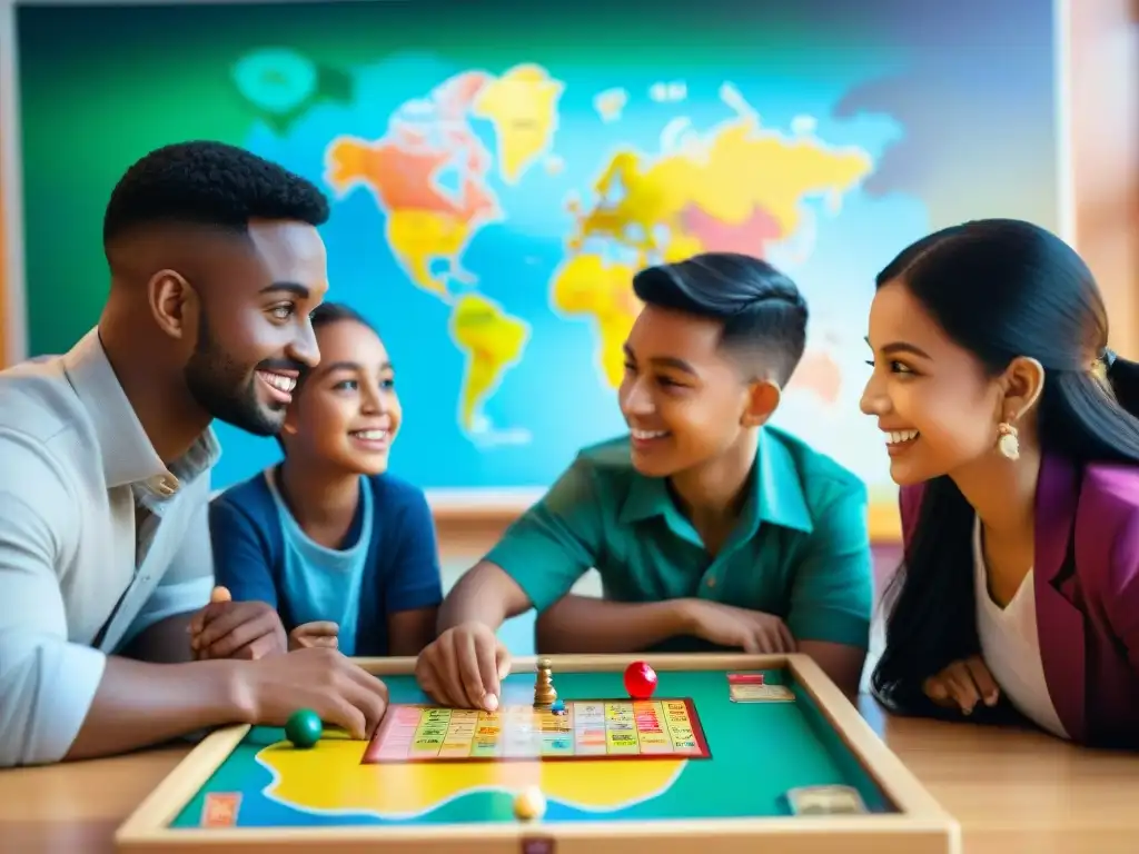 Un emocionante juego de mesa educativo internacional reúne a niños de diferentes países en un aula vibrante, concentrados y divertidos