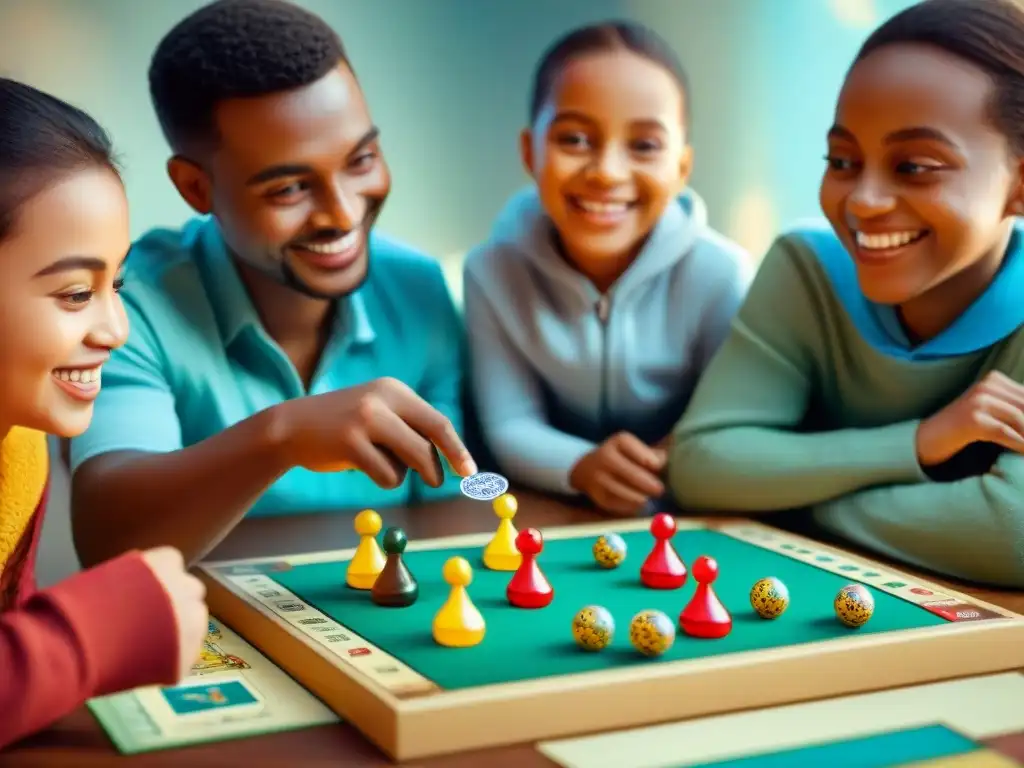 Un emocionante juego de mesa educativo internacional con niños de diferentes países disfrutando juntos