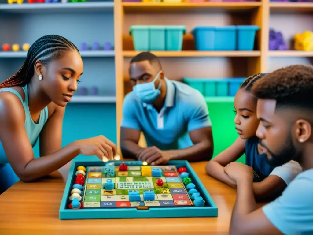 Un emocionante juego de mesa educativo con niños concentrados en resolver problemas, rodeados de juegos educativos