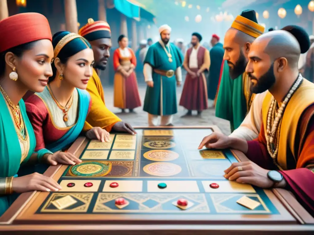 Un emocionante juego de mesa con personas de diversas culturas históricas concentradas en un vibrante tablero