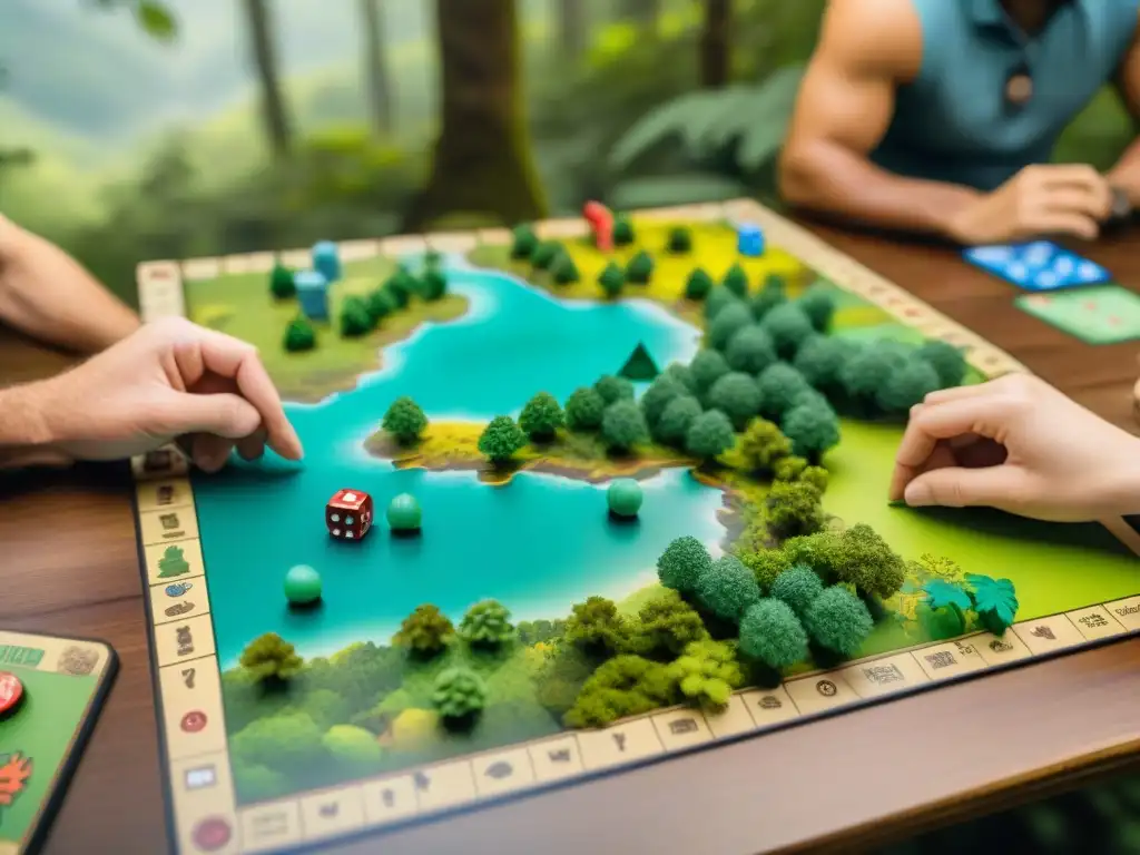 Un emocionante juego de mesa de recursos naturales en un bosque vibrante con jugadores concentrados en estrategias