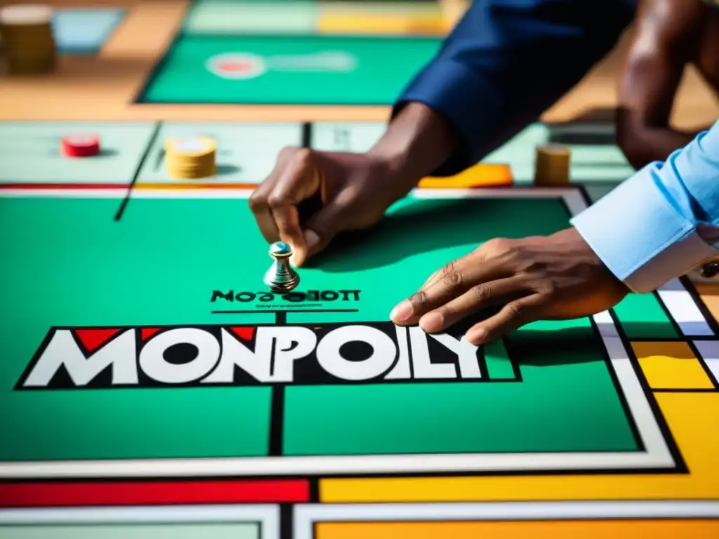 Un emocionante juego de Monopoly donde los jugadores planifican estratégicamente sus movimientos