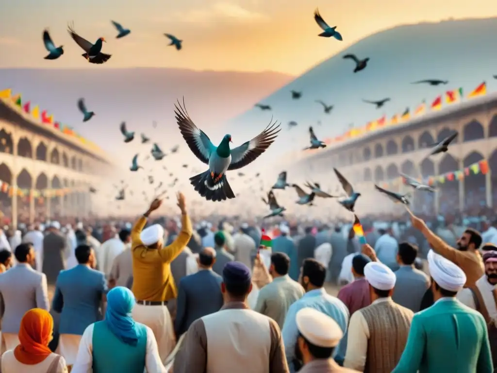 Emocionante juego de palomas en Medio Oriente con competidores liberando sus aves mientras ondean coloridas banderas