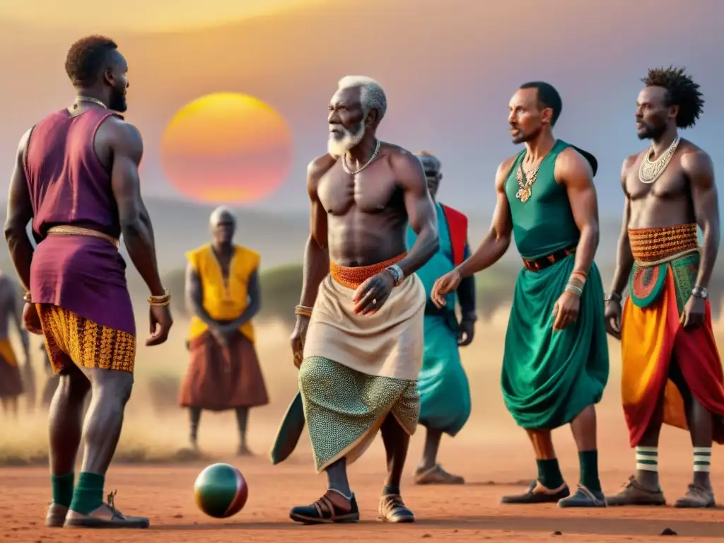 Un emocionante juego de pelota africano entre ancianos en la sabana al atardecer, evocando la historia y evolución de los juegos de pelota en África