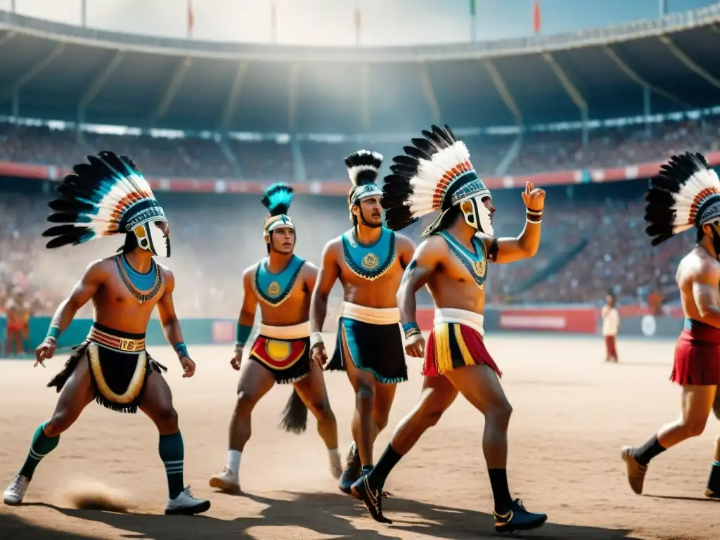 Un emocionante juego de pelota entre antiguos atletas aztecas en un estadio de piedra, resaltando la historia de los deportes en culturas del mundo