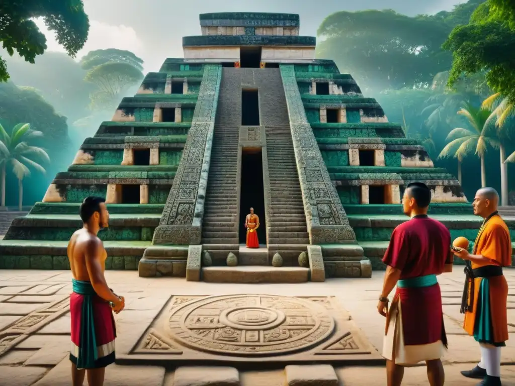 Un emocionante Juego de la pelota maya en un vibrante campo, con jugadores, sacerdotes y gobernantes, rodeados de selva y arquitectura ancestral