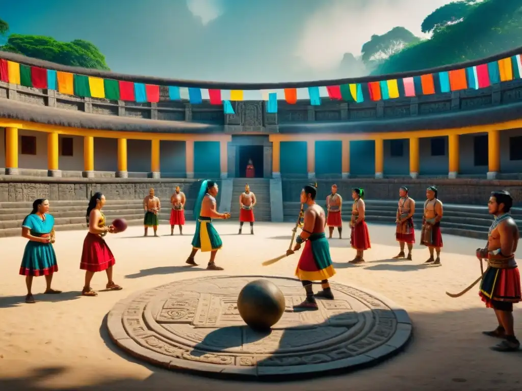 Un emocionante juego de pelota maya en una antigua cancha de piedra, con jugadores y espectadores coloridos