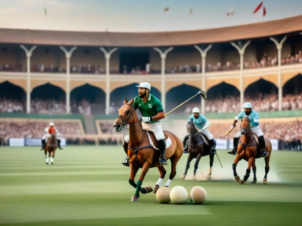 Polo en Persia: Juego ancestral en majestuoso escenario Emocionante juego de polo en la antigua Persia, con jugadores en caballo y espectadores vestidos de manera tradicional