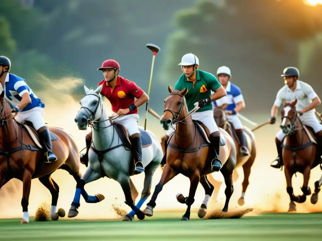 Jugadores de polo en acción al atardecer Un emocionante juego de Polo en un atardecer dorado
